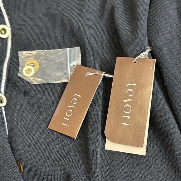 Tesori Sweater Jacket Blazer Cardigan Womens Sz L Black White Trim Button Up NOS - Picture 14 of 16